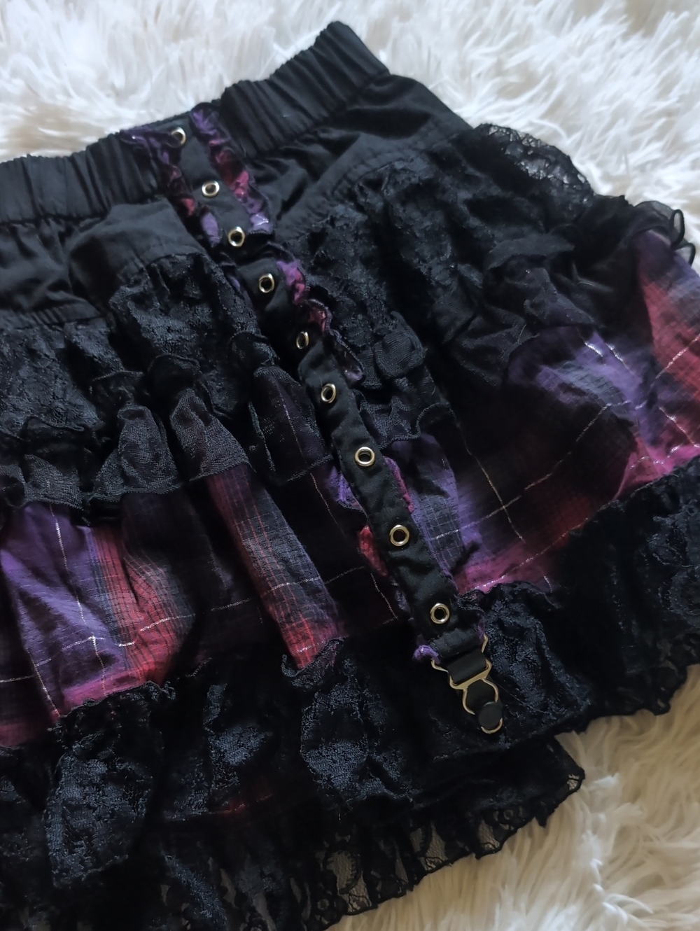 Y2K Tripp NYC Garter Strap Purple Plaid & Black Lace Gothic Mini Skirt XL - Picture 5 of 11